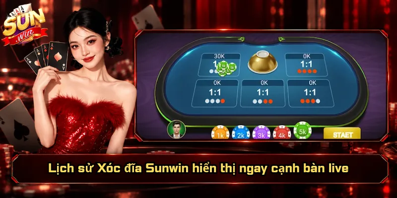 Lịch sử Xóc đĩa Sunwin hiển thị ngay cạnh bàn live